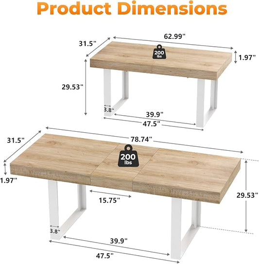 Zevemomo 63"-78.7" Expandable Dining Table, 6-8 Extendable Dining Table, Rectangle Conference Table, Farmhouse Kitchen Table with Slide Track, Tapered U-Shaped Wood Legs for Office, Living Room-Oak