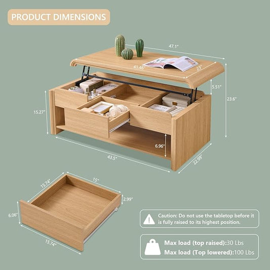 Aitjunz 47" Lift Top Coffee Table with Storage, Modern Coffee Table with Pull-Out Drawer and Two-Tier Storage, Rectangle Wood Center Table w/Curved Profile Design for Living Room, Natural