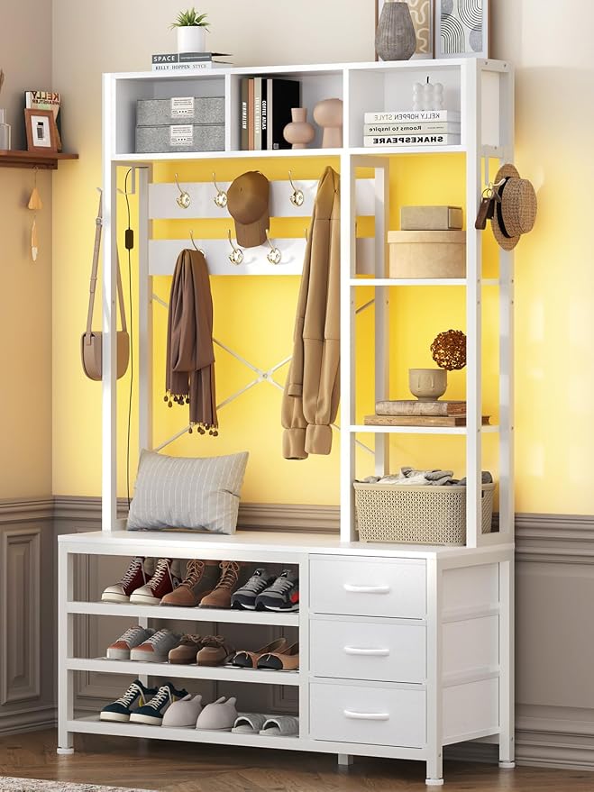 39.4'' Hall Tree with Bench and Shoe Storage, Entryway Bench with Coat Rack, 25-in-1 Tall Hall Tree with Led Lights (White)