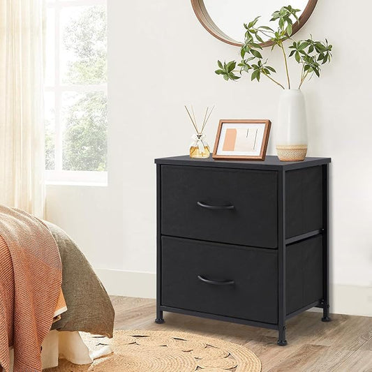 DUMOS Nightstand Set of 2, Small Dresser with 2 Fabric Drawers, End Table | Bedroom Kids Bedside Storage Furniture for 25 inch Tall Night Stand, Dorm, Ink