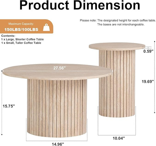 Round Nesting Coffee Tables for Living Room, Set of 2, Beige | φ27.6 + φ15.8 Boho Small Circle Side Tables, Fluted Drum Design Easy Assembly Minimalist Modern End Table Non-Slip Feet