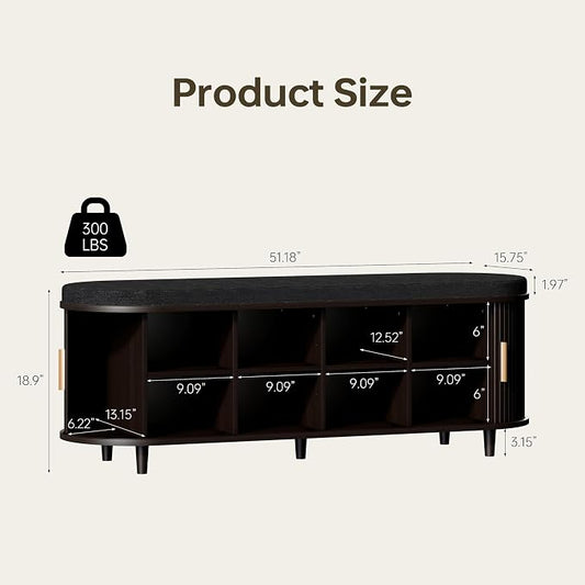 DHH 2-Tier Storage Bench,Wide Shoe Bench with Thickened Padded Seat Cushion, Mid Century Modern Fluted Sliding Door and Adjustable Shelf, for Entryway, Living Room, Bedroom (Dark Walnut, 51.2”)