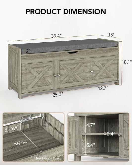 Amada Shoe Bench, 39.4” Entryway Bench with Cushioned Seat & Lift Top Storage, Adjustable Shelf, 300 lbs Capacity, 2-Tier Storage Bench with Shoe Rack for Entryway, Bedroom, Gray