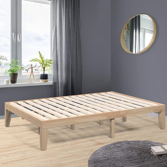 COSTWAY Full Size Wood Platform Bed Frame, 14 Inches Solid Rubber Wood Bed Mattress Foundation with Sturdy Slats Support, Easy Assembly Bed Frame for Home Hotel, No Box Spring Needed (Natural, Full)