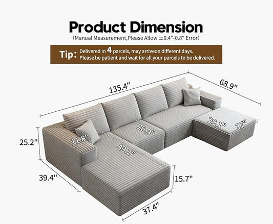 135.4" Cloud Modular Sectional Sofa with 1 Ottoman,Modern Minimalist Upholstered Couches, Comfort U Shaped Sofa for Living Room,Deep Seat Corner Couch,No Assembly Required (Grey,Left Facing Chaise)