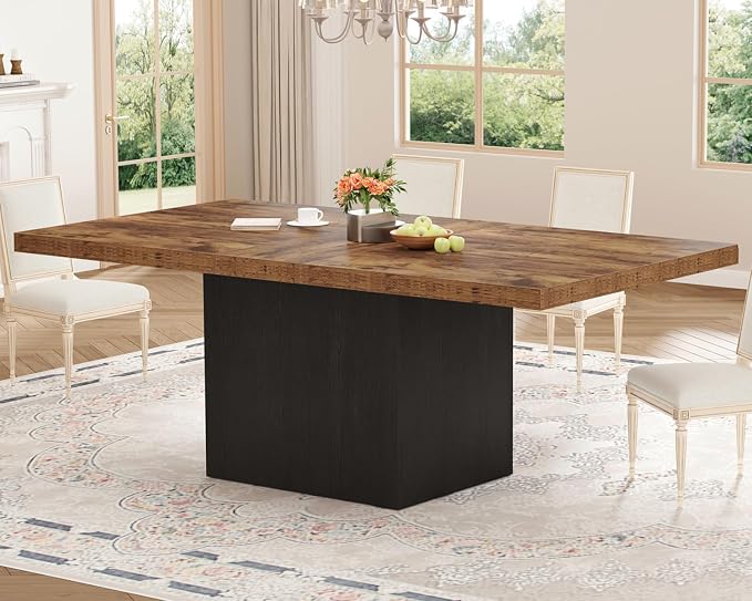 HSH Dining Table for 6 to 8, 71” Wood Rectangular Dinner Table, 6 ft Industrial Kitchen Table only with Black Pedestal, Modern Large Dining Room Table for Home Gathering Office, Rustic Brown, 71 Inch