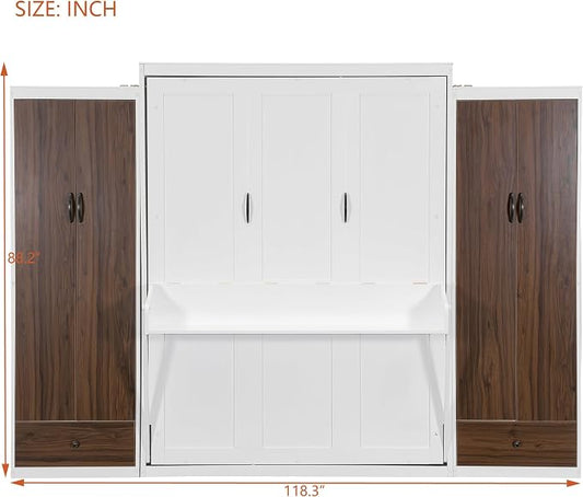 Queen Murphy Bed with Storage Wardrobes, Drawers and Drop-Down Desk | Space-saving wall bed with top LED lights, 500 lbs capacity and recommended 8-inch mattress fit for guest rooms or offices