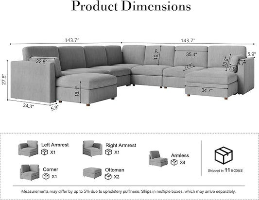 Oversized Modular Sectional Sofa U-Shaped Cloud Couches Gray | Large Deep Seat Couch for Living Room, 9 Seater Luxury Corner Sofa with Ottoman, Solid Wood Frame, Removable Washable Cover