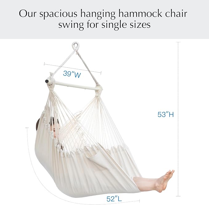 PNAEUT Hammock Chair Hanging Rope Swing for Outside Indoor for Bedroom, Outdoor, Patio (Natural)