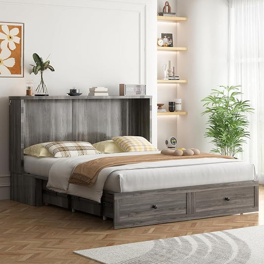 ijuicy Queen Cube Murphy Bed, Charge & Storage, No Mattress,Grey | Space-saving hideaway foldable design, practical temporary sleeping bed for guest room & small space use