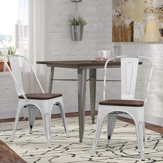 Furmax Metal Dining Chairs with Wood Seat, Indoor-Outdoor Use Stackable Chic Dining Bistro Cafe Side Metal Chairs Set of 4(White)
