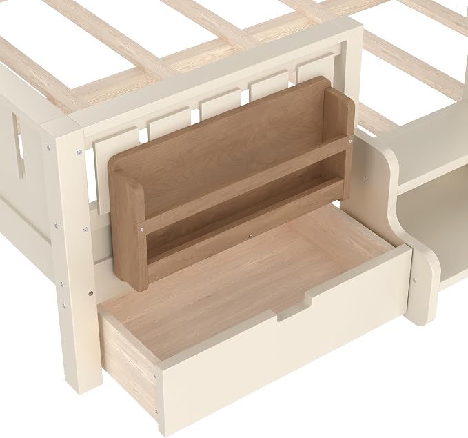 Full Platform Bed with Storage Drawers and Bookshelves, Kids Platform Bed Frame with Low-profile Stairs and Full-length Guardrails, Full Bed Frame for Kids, Boys, Girls, No Box Spring Needed, Beige