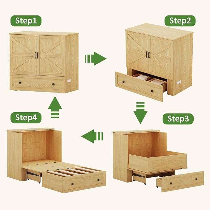 LIVAUVEAD Murphy Bed with Built-in Charging Station, Space-Saving Murphy Bed Chest Twin with Drawer, Foldable, for Home Office Guest Room Bedroom,Natural