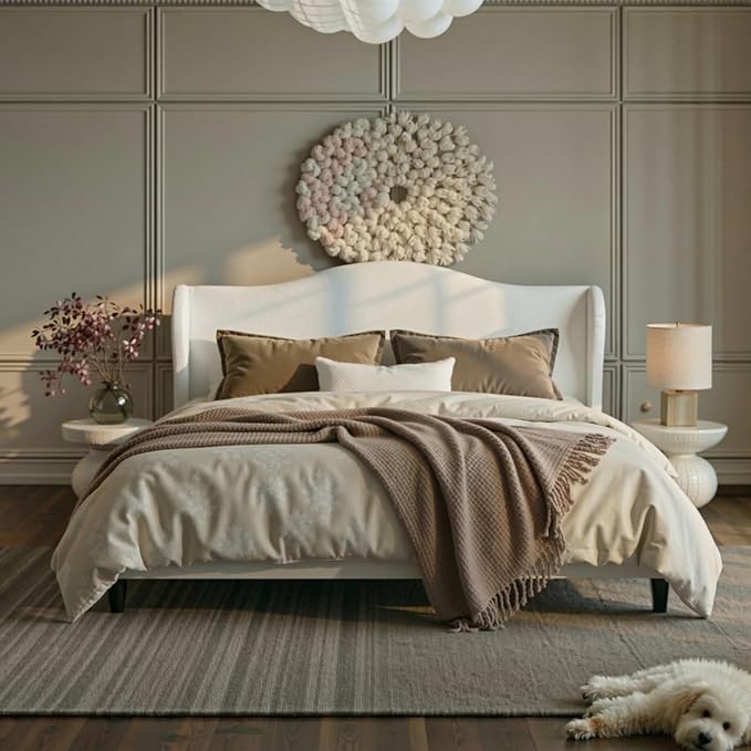 Allewie Velvet Platform Queen Bed Frame with Wingback and 47" Tall Tufted Headboard, Modern Minimalist Design, No Box Spring Required, Tool-Free Assembly, White