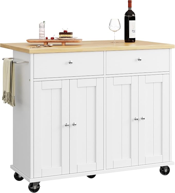 SUNLEI Kitchen Island with Storage, Kitchen Island on Wheels with Drop Leaf, Rolling Kitchen Island Cart with Cabinet and Drawers, Mobile Kitchen Storage Cart for Dining Room, White
