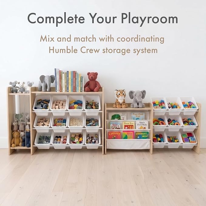 Humble Crew Toy Storage Organizer with Book Shelf and Top Shelf, 9 Removable Storage Bins for Kids Playroom, Toy Organization, Solid Wood, Natural/White