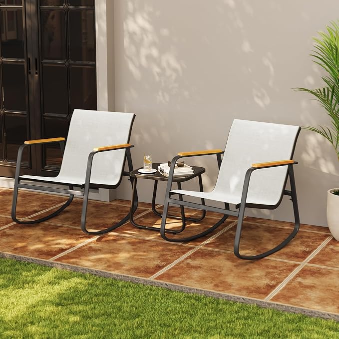 Aiho 3-Piece Patio Furniture Set, Outdoor Furniture with Textilene Fabric Rocker Chairs with Coffee Table, Patio Bistro Sets for Garden, Balcony, Poolside(White)