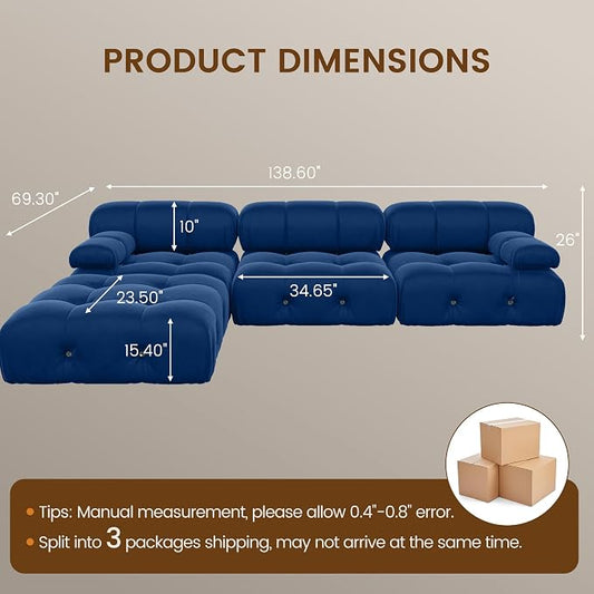 Modern Velvet Sectional Sofa, L Shape Minimalist Modular 4-Seater Sofa with Ottomans for Living Room Office Apartment (104in/Blue)