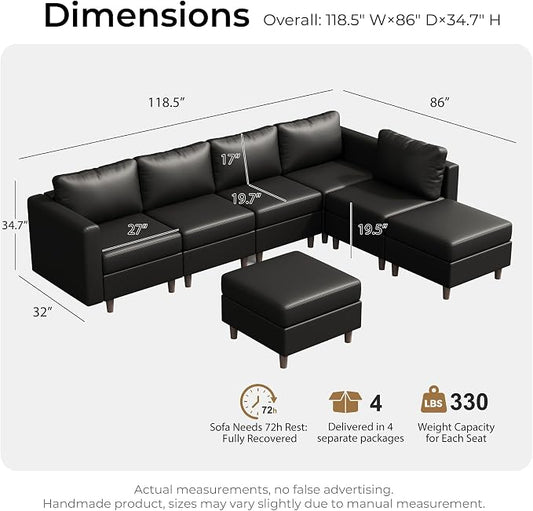 ABCASA Faux Leather Sectional, Modular Sectional Sofa with Storage Seats, 7 Seat Faux Leather Modular L Shaped Couches with Movable Ottoman for Living Room,Black