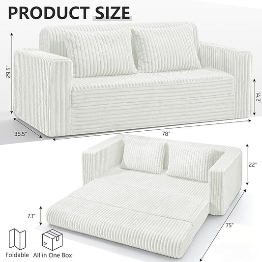 HABUTWAY 78" Loveseat Boneless Couch, 4-in-1 Convertible Sofa Bed, Plush Fur Folding Futon Sofa Bed Couches with 2 Pillows for Living Room, High-Density Foam Support, No Assembly Required, Beige