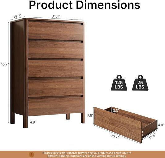 MAISONARIA Walnut 3-Piece Dresser Bedroom Set, 5 Drawers Dresser & 2 Drawer Nightstands with Hidden Handles, Wood Chest of Drawers for Bedroom, Living Room, Entryway