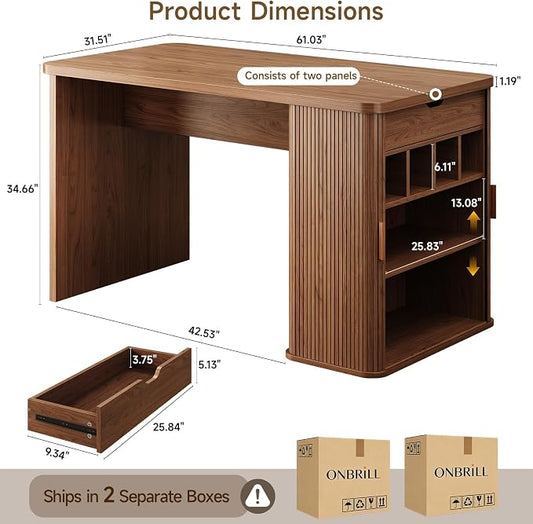 ONBRILL 61 Inch Kitchen Island with Storage, Fluted Counter Height Table, Mid-Century Modern Kitchen Island Table with Sliding Door, Home Bar Tables with Wine Rack and Drawers (Walnut)