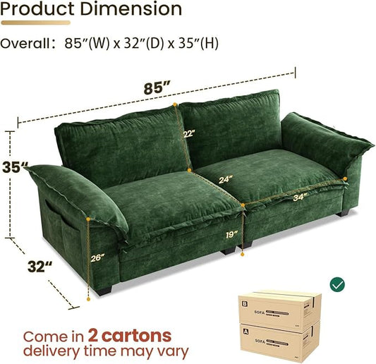 KKL 89 Inch Modular Sectional Sofa, 2 Sets of Loveseat Cloud Couches with Deep Seat, Chenille Sectional Couches for Living Room, Apartment, Green