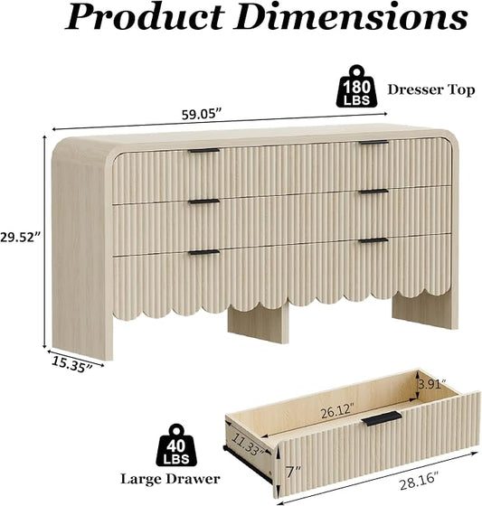 59" Scalloped Dresser for Nursery,Fluted 6 Drawer Wooden Dressers,Boho Long Dresser for Bedroom Kids Room, Living Room