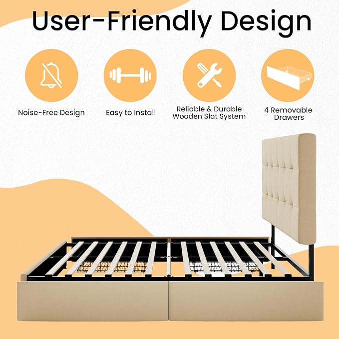 SHA CERLIN Upholstered Full Size Platform Bed Frame with 4 Storage Drawers, Adjustable Headboard with Square Stitched Button Tufted Design, Wooden Slat Support, No Box Spring Needed, Beige