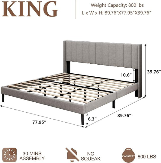 Sismplly King Size Bed Frame and Headboard,Vertical Channel Tufted Wingback No Box Spring Needed, Mattress Foundation, Easy Assembly Light Grey, Linen