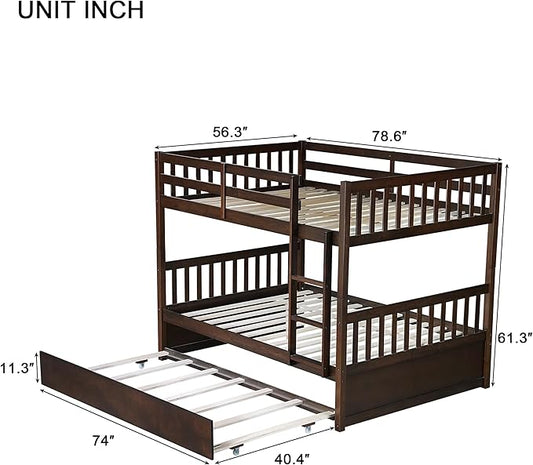 Harper & Bright Designs Convertible Wood Full-Over-Full Bunk Bed with Trundle and Ladder - Can Be Divided Into Two Platform Beds, Espresso