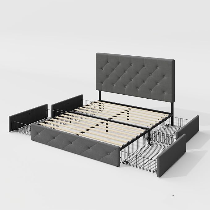 Allewie Upholstered Full Size Platform Bed Frame with 4 Storage Drawers and Headboard, Diamond Stitched Button Tufted, Mattress Foundation with Wooden Slats Support, No Box Spring Needed, Light Grey