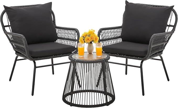 Bezseller 3-Piece Outdoor Patio Furniture Set - 20" Wide Seating w/ 2" Thick Cushions, 14.2" Seat Height - Modern Boho Furniture for Gardens, Balcony & Apartments