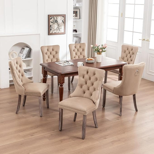 Hixkol Velvet Dining Chairs Set of 6,Upholstered Dining Chairs with Ring Pull Trim and Button Back,Modern Seating for Kitchen, Bedroom,Living Room,Dining Room(Khaki)