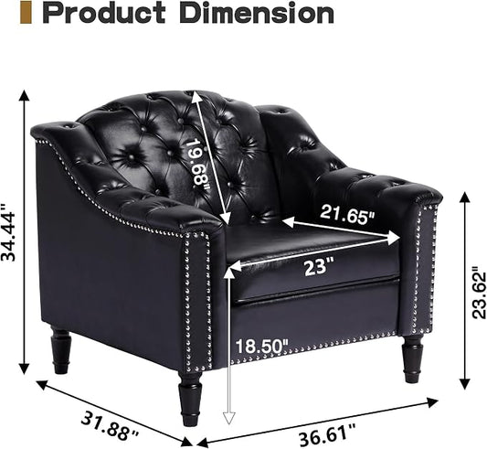 LEVNARY Chesterfield Chair Leather, Upholstered Sofa Chair with High Back, Mid-Century Modern Armchair with Solid Wood Legs, Single Couches for Living Room (Black)