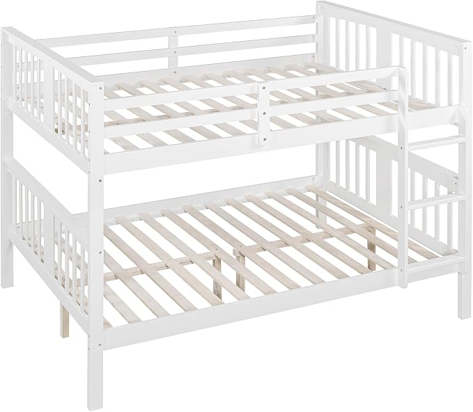 Merax Full Over Full Bunk Bed Convertible to Two Separate Beds, Solid Pine Wood Frame with Safety Guardrail & Headboard/Footboard, Sturdy Durable Design, for Teens, No Box Spring Needed, White