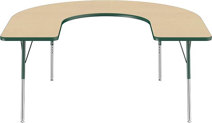 FDP Horseshoe Activity School and Office Table (60 x 66 inch), Standard Legs with Swivel Glides for Collaborative Seating Environments, Adjustable Height 19-30 inches - Maple Top and Green Edge