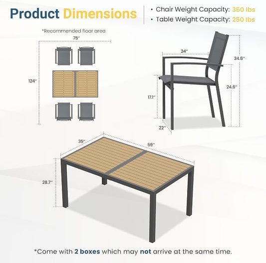 Patio Table and Chairs for 4, Outdoor Patio Dining Furniture Set with Aluminum Table and Metal Textilene Chairs, All-Weather Patio Table Set with HDPS Rectangular Tabletop for Garden Porch