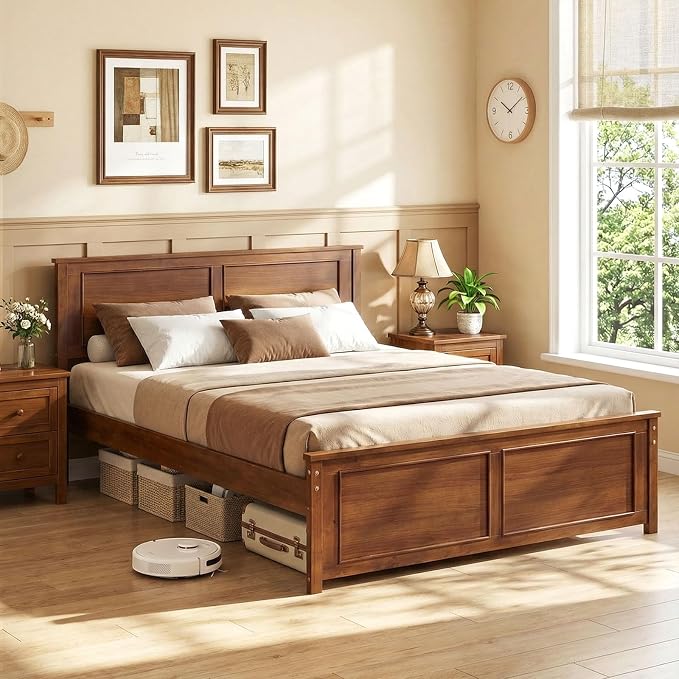 Giantex Wood Full Size Bed Frame with Headboard, Farmhouse Solid Platform Bed w/Wooden Slat Support Mattress Foundation, Under-Bed Storage, No Box Spring Needed, Walnut