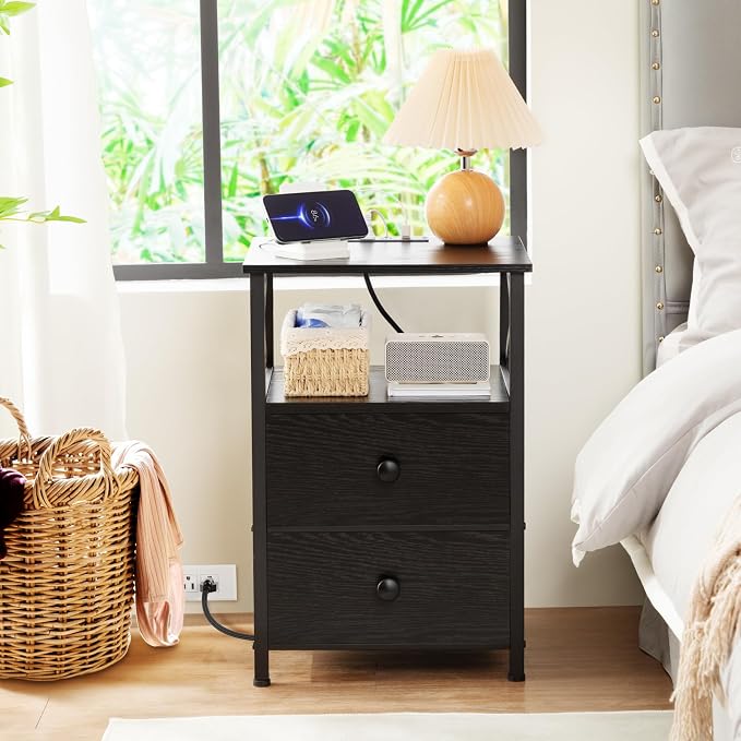 AMHANCIBLE Night Stand Set 2, Nightstand with Charging Station, Small Bedside Table with 2 Fabric Drawers, End Tables Living Room with USB C Ports for Bedroom, Black, HET05XBK