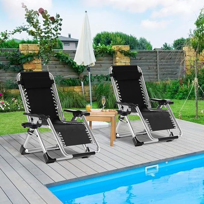 ABORON Zero Gravity Chair, Adjustable Outdoor Recliner with Removable Cushion, Headrest & Side Tray, Folding Lounge Chair for Patio, Lawn, Poolside & Camping
