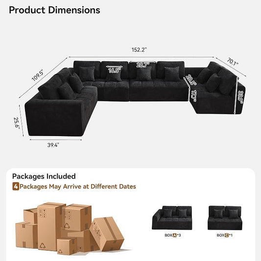 170''Modular Sectional Couches for Living Room, Cloud Boneless Compressed Sectional Sofa, Oversized U Shaped 8 Seater Upholstered Memory Foam Sofa, No Assembly, Chenille Black