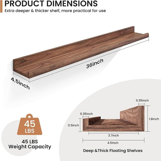 Fun Memories Picture Ledge Shelves Set of 2, 36 Inch Rustic Wall Mounted Floating Shelves with Lip for Home Storage and Décor in Bathroom, Kitchen, Nursery, Bedroom, Living Room, Walnut