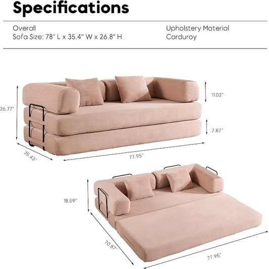 ZEIINPA Convertible Folding Couch Bed, Comfy Corduroy Sleeper Floor Sofa Bed with Fixed-Shape Frame, Floor Sofa with Armrest, Lounge Couch for Living Room Bedroom Lounge Studio,Pale Pink