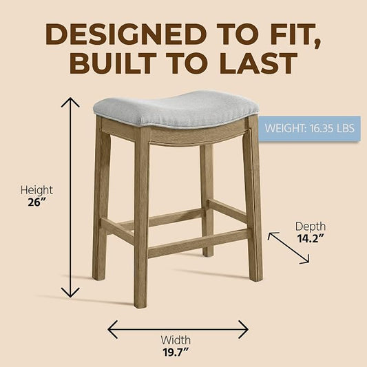 ROME + OAK Set of 3 Parker 26 Inch Counter Stool, Backless Saddle Kitchen Barstool in Natural Finish with Cream Fabric Upholstery Cushion Seat