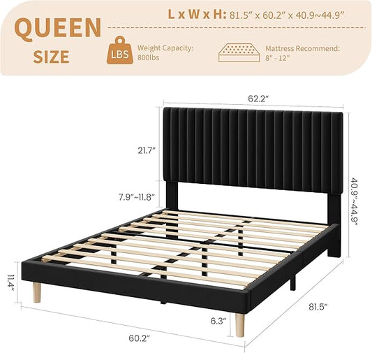 IDEALHOUSE Queen Size Bed Frame with Adjustable Headboard, Velvet Upholstered Platform Queen Bed Frame, Vertical Channel Tufted, Strong Wooden Slats, No Box Spring Needed, Easy Assembly, Black
