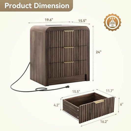 Decofy Fluted Nightstand with Charging Station, Modern Bedroom Side Table with Gold Handles, Curved Profile Design, End Table Wood Organizer for Bedroom, 19.7" & 3 Drawers (1 Pack, Walnut)