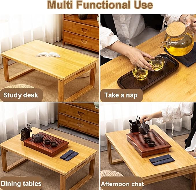 Portable Rectangle Foldable Coffee Table Japanese Tea Table, Bamboo Low Table for Sitting on The Floor, Dining Table, Tatami Table for Living Room Bedroom Meditation (Size:27.6*19.7*12.2in)