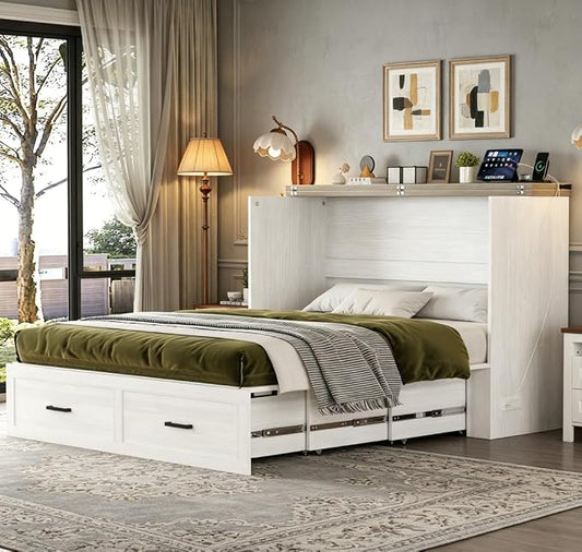 Bellemave Queen Size Murphy Bed with Charging Station and Storage, Farmhouse Murphy bedframe with Foldable Panel, Noisy Free, for Guest Bedroom, Living Room, Office, White
