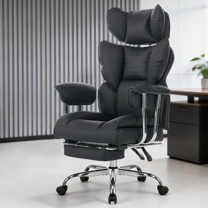 DUMOS Big and Tall Office Chair 400 LBS, Scratch-Resistant PU Leather Executive Office Desk Chair with Footrest, Ergonomic Reclining Computer Chairs with Pocket Spring Support, Black